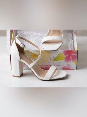 Delicious White Strappy Block Heel Sandals